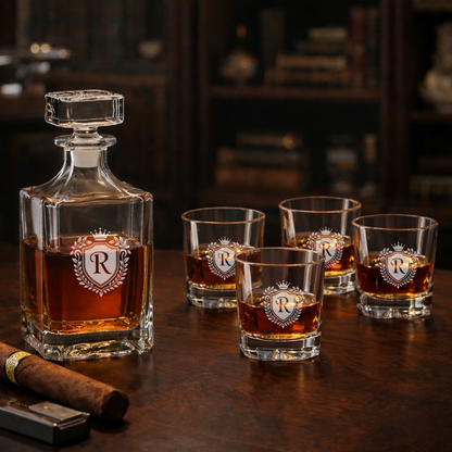 Personalized Etched Whiskey Decanter Set with 4 Rocks Glasses