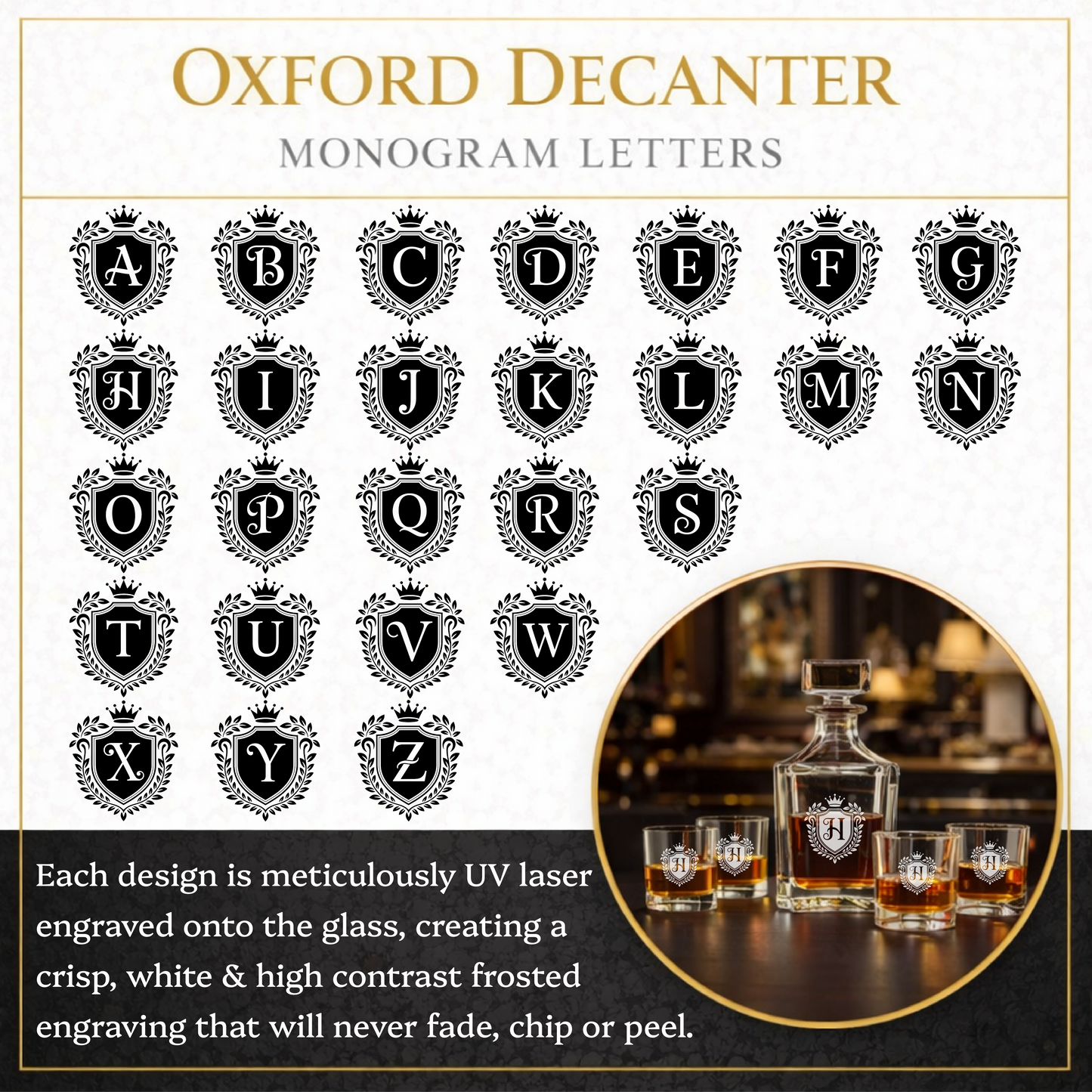 Personalized Etched Whiskey Decanter Set with 4 Rocks Glasses