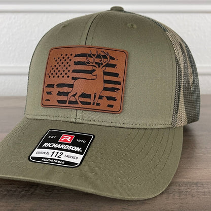 Deer Hunting American Flag Patriotic Leather Patch Hat Green/Camo Patch Hat - VividEditions