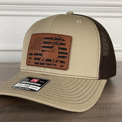 Deer Hunting American Flag Patriotic Leather Patch Hat Khaki/Brown Patch Hat - VividEditions