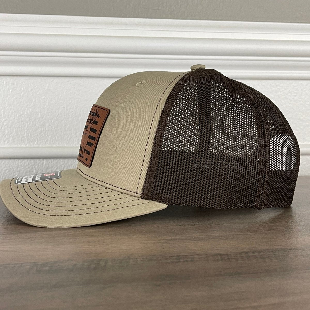 Deer Hunting American Flag Patriotic Leather Patch Hat Khaki/Brown Patch Hat - VividEditions