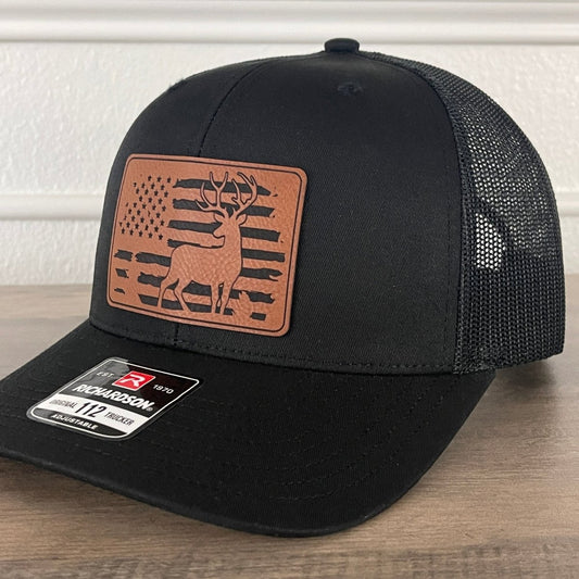 Deer Hunting Flag Leather Patch Hat Black Patch Hat - VividEditions