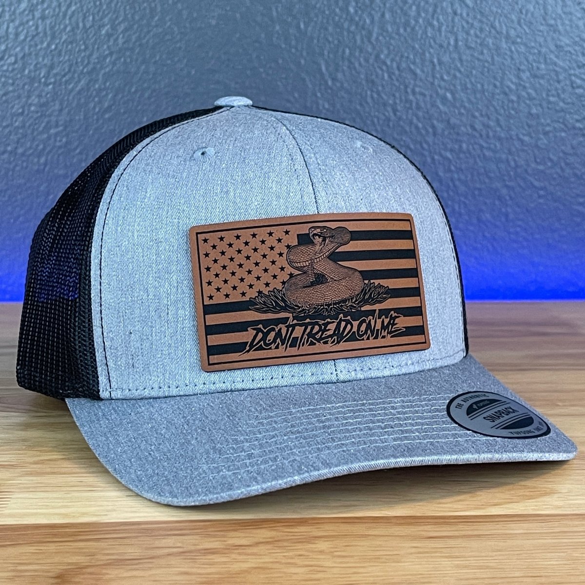 Don't Tread On Me Gadsden American Flag SnapBack Trucker Rawhide Leather Patch Hat Heather Grey/Black Patch Hat