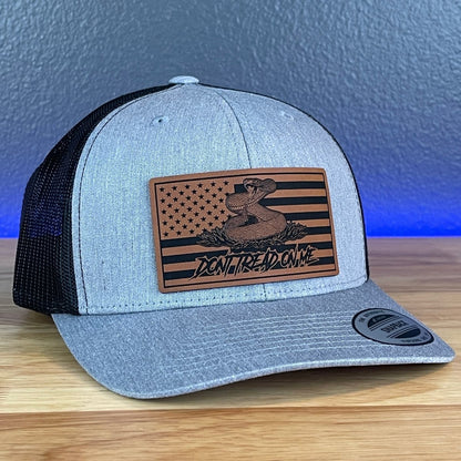 Don't Tread On Me Gadsden American Flag SnapBack Trucker Rawhide Leather Patch Hat Heather Grey/Black Patch Hat