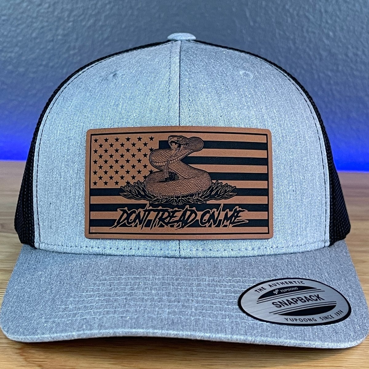 Don't Tread On Me Gadsden American Flag SnapBack Trucker Rawhide Leather Patch Hat Heather Grey/Black Patch Hat