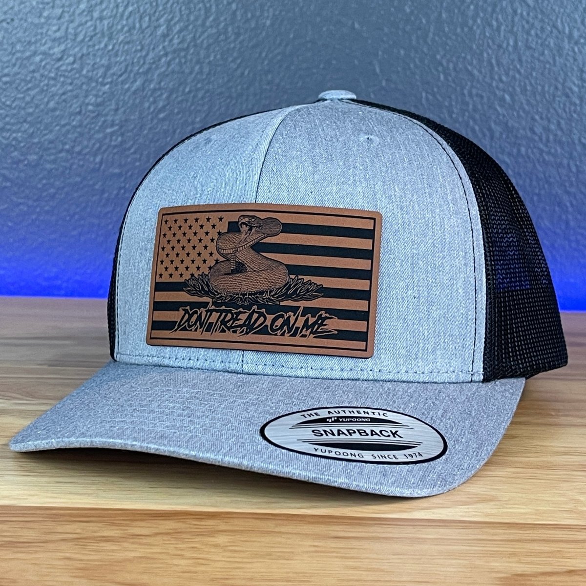 Don't Tread On Me Gadsden American Flag SnapBack Trucker Rawhide Leather Patch Hat Heather Grey/Black Patch Hat