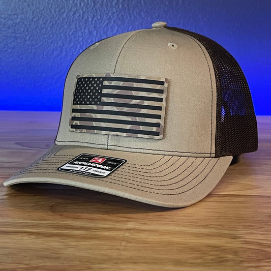 Duck Camo American Flag Patriotic Hunting Leather Patch Hat Khaki/Brown Patch Hat - VividEditions