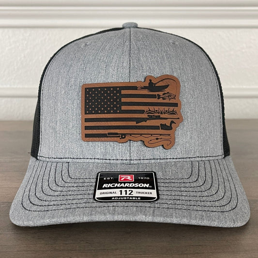 Duck Hunting and Fishing American Flag Leather Patch Hat Patch Hat - VividEditions