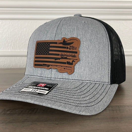 Duck Hunting and Fishing American Flag Leather Patch Hat Patch Hat - VividEditions
