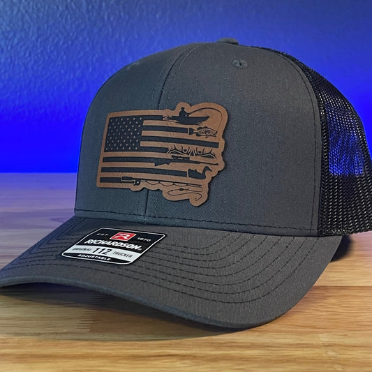 DUCK HUNTING AND FISHING AMERICAN FLAG Patriotic Leather Patch Hat Charcoal/Black Patch Hat - VividEditions