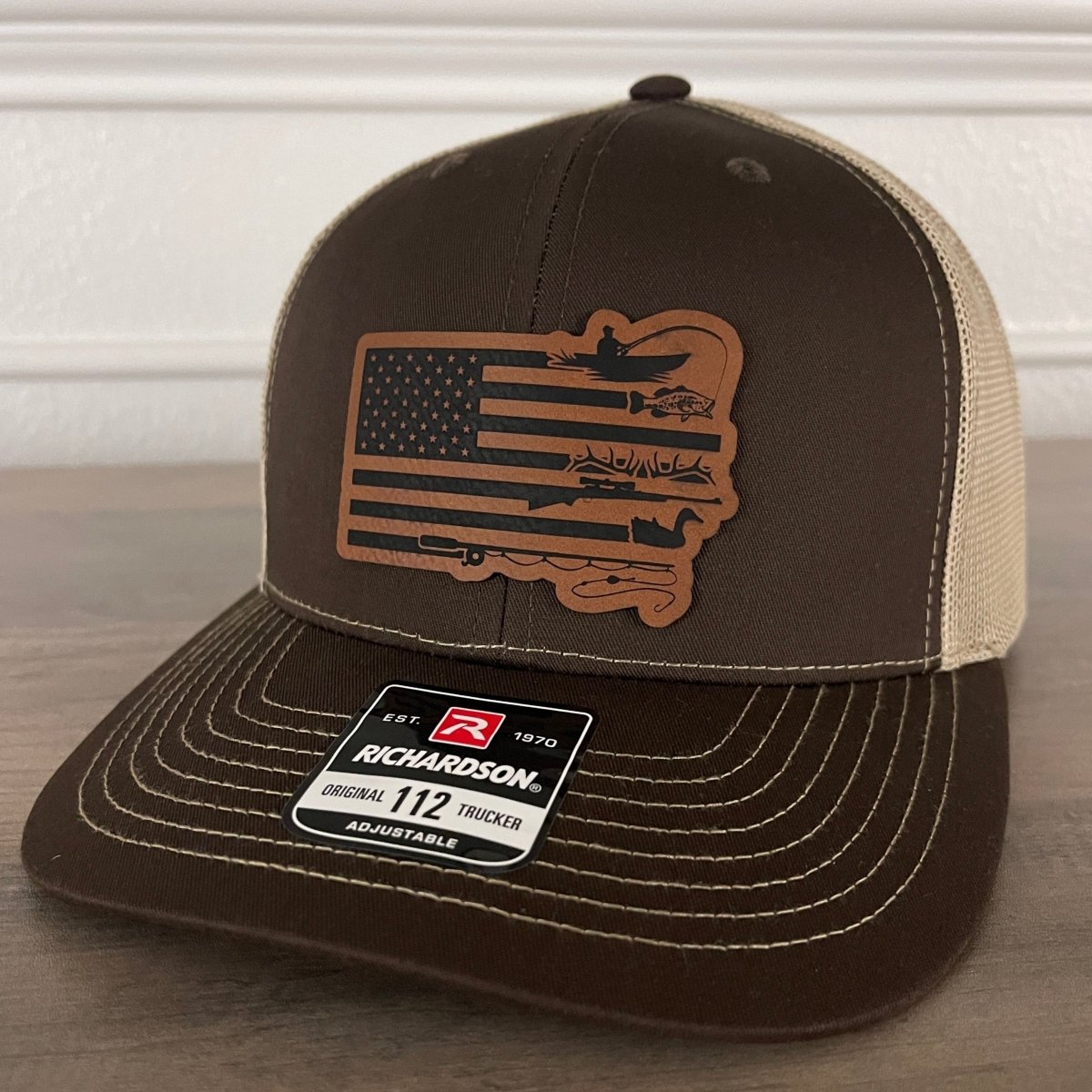 Fishing And Duck Hunting American Flag Leather Patch Hat Brown Patch Hat - VividEditions