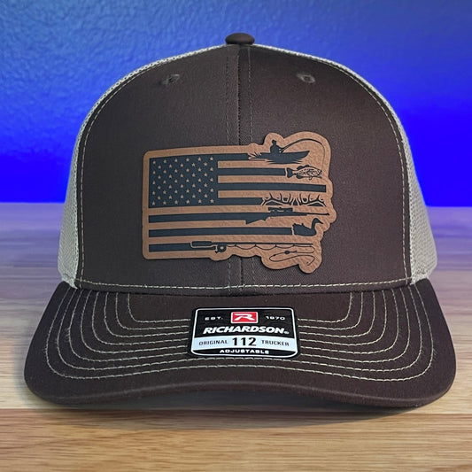 Fishing And Duck Hunting American Flag Leather Patch Hat Brown Patch Hat - VividEditions