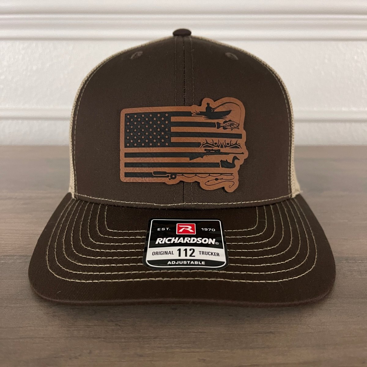 Fishing And Duck Hunting American Flag Leather Patch Hat Brown Patch Hat - VividEditions