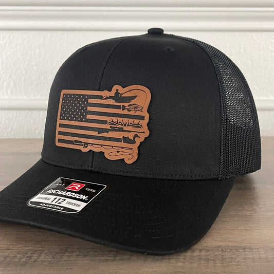 Fishing and Hunting Flag Leather Patch Hat Black Patch Hat - VividEditions