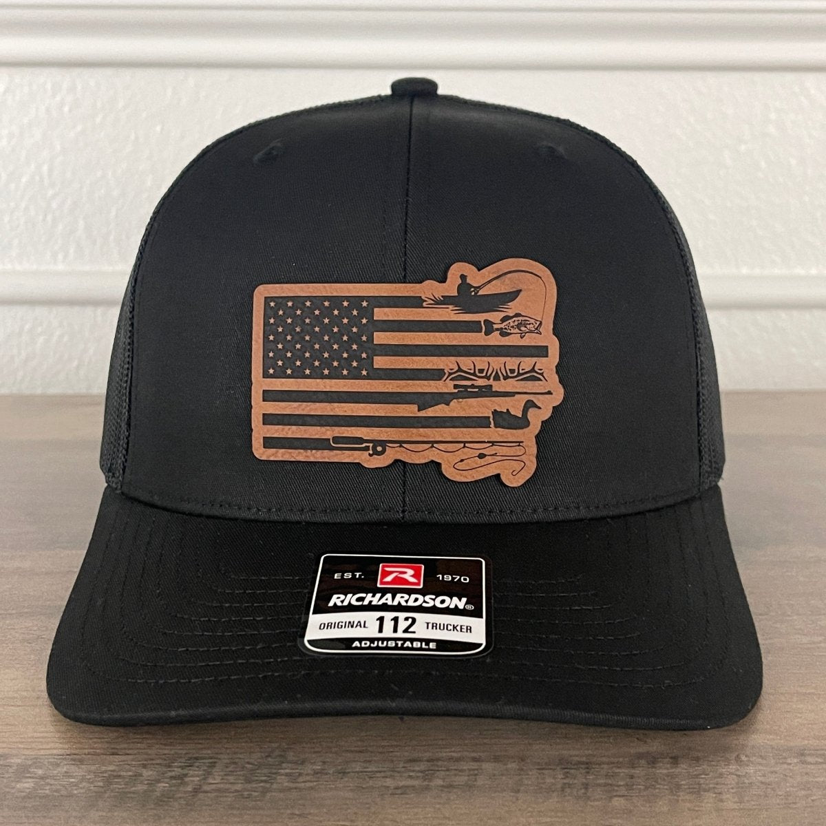 Fishing and Hunting Flag Leather Patch Hat Black Patch Hat - VividEditions