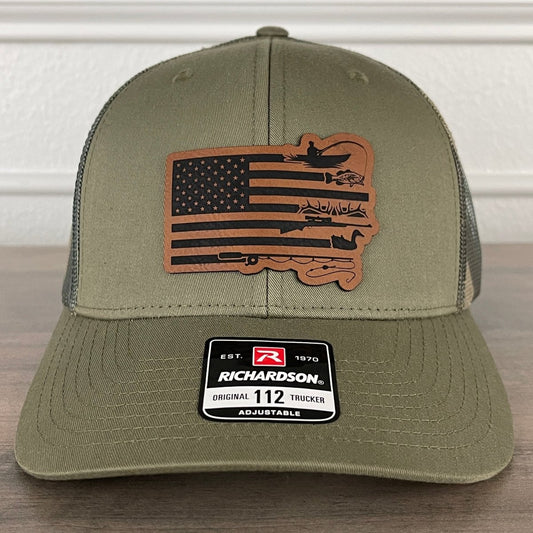 Fishing Duck Hunting American Flag Patriotic Leather Patch Hat Green/Camo Patch Hat - VividEditions