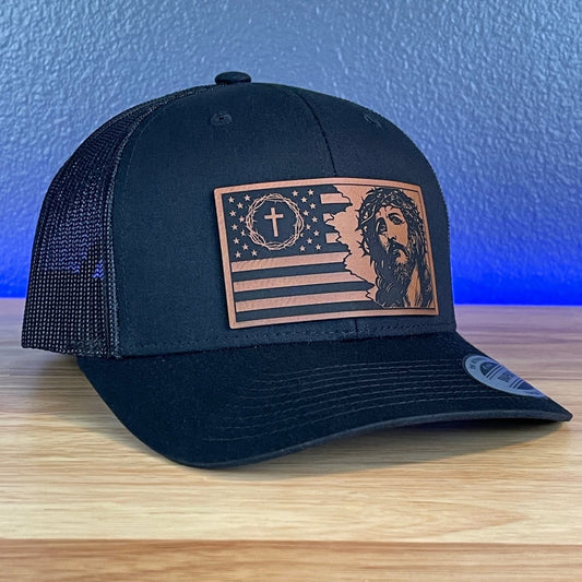 God And Country Jesus American Flag Christian SnapBack Trucker Rawhide Leather Patch Black Hat Patch Hat