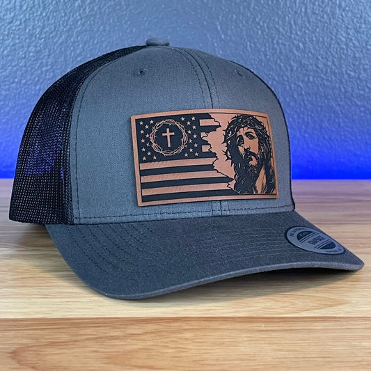 God And Country Jesus American Flag Christian SnapBack Trucker Rawhide Leather Patch Hat Charcoal Patch Hat