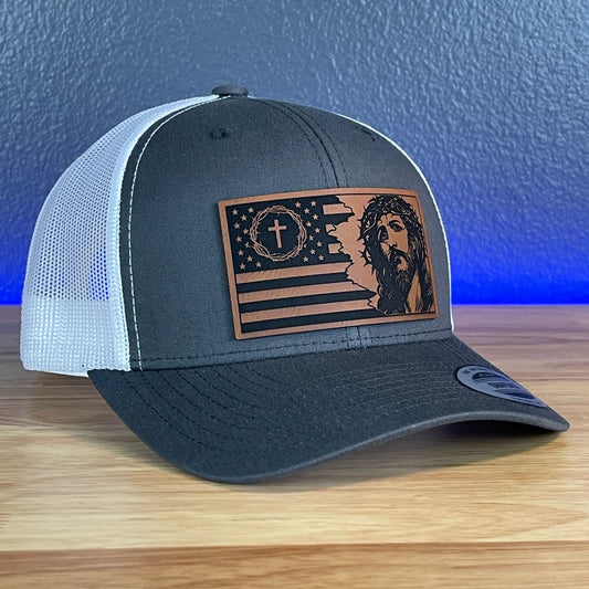 God And Country Jesus American Flag Christian SnapBack Trucker Rawhide Leather Patch Hat Charcoal/White Patch Hat