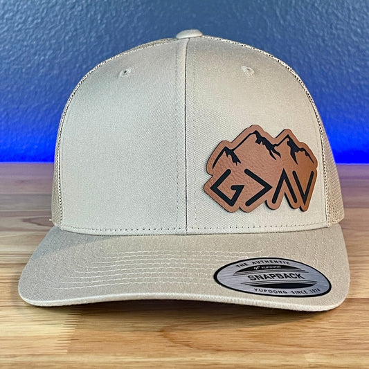 God Is Greater Than The Highs And Lows Christian SnapBack Leather Patch Hat Rawhide Side Outline Patch Hat