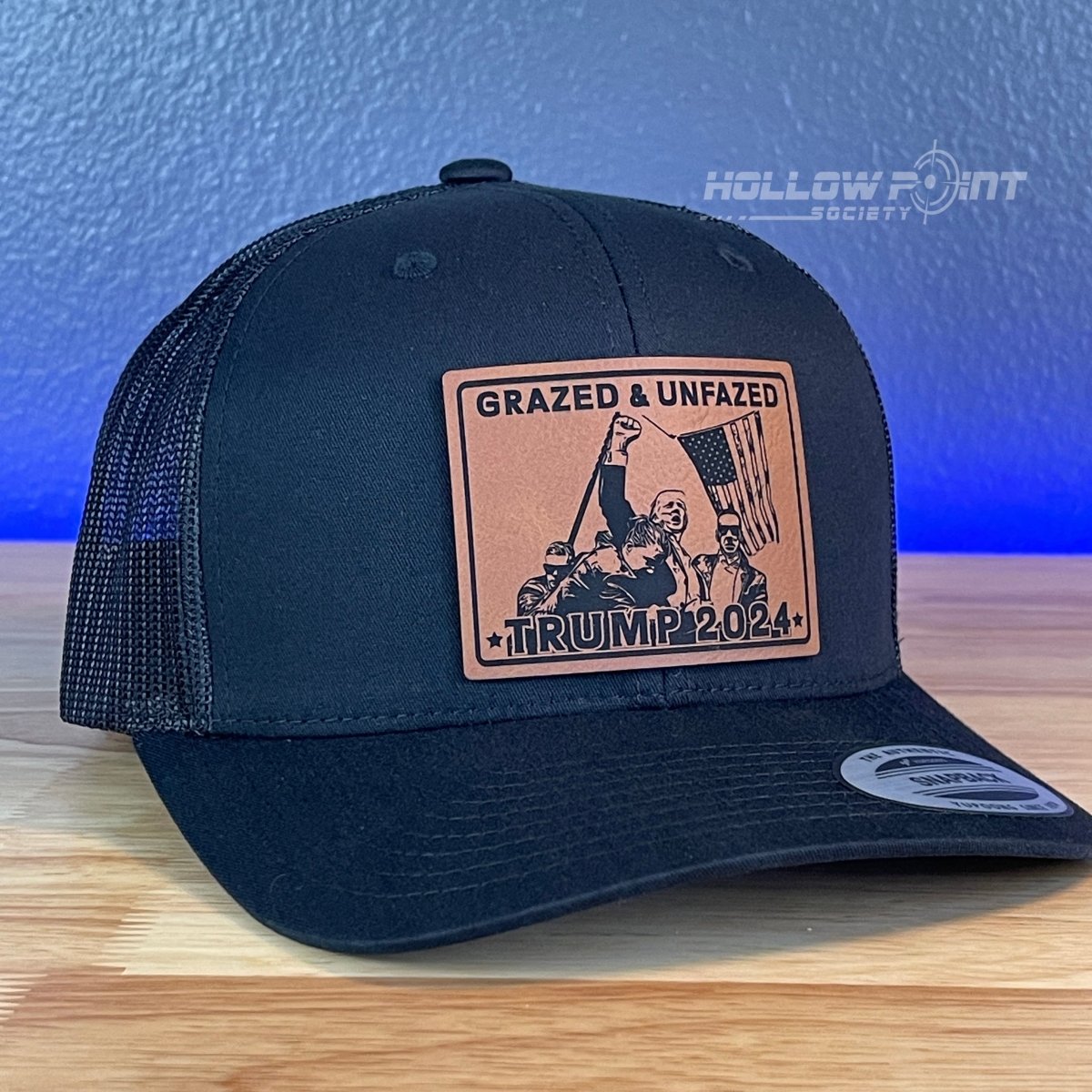 Grazed & Unfazed Trump 2024 SnapBack Trucker Rawhide Leather Patch Black Hat Patch Hat