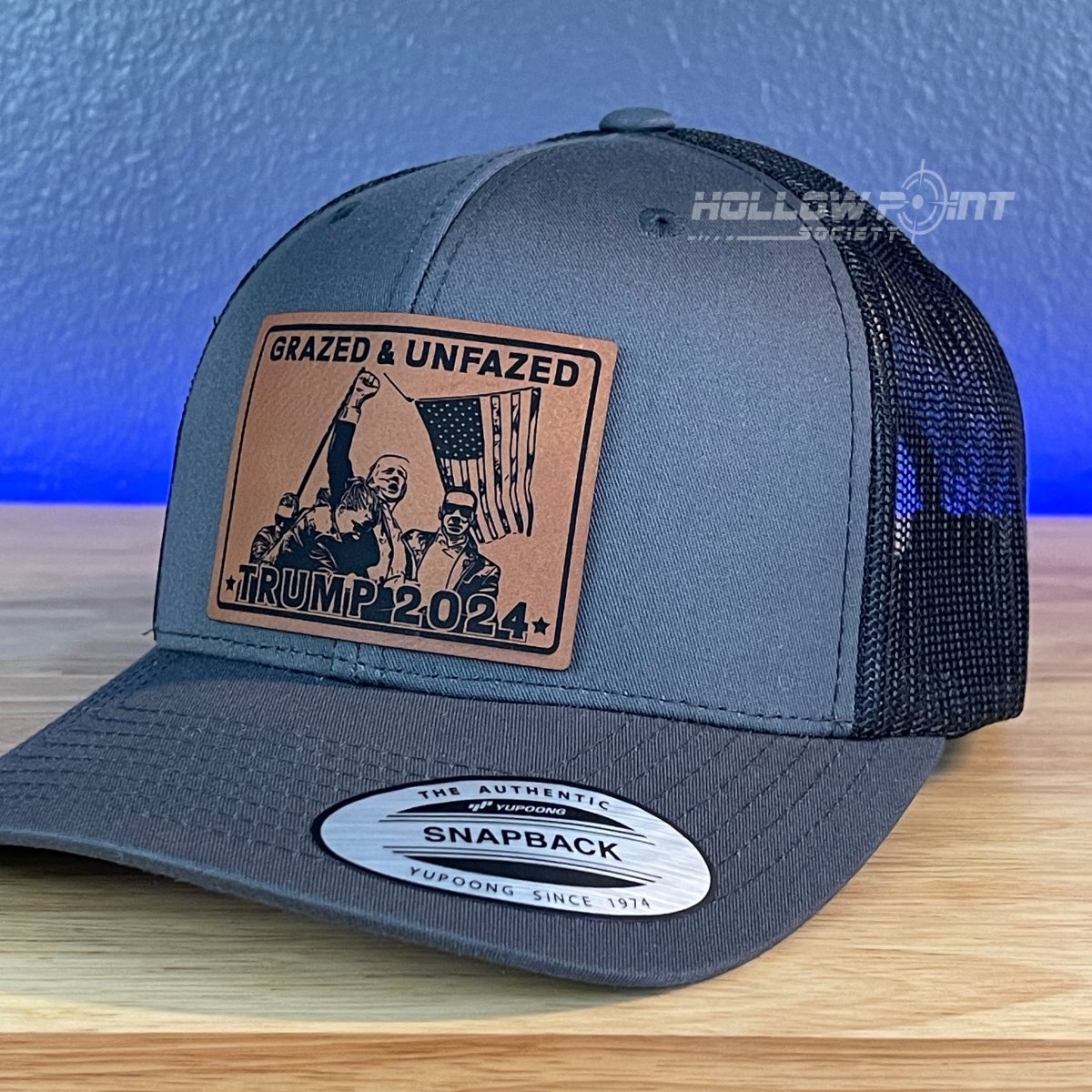 Grazed & Unfazed Trump 2024 SnapBack Trucker Rawhide Leather Patch Charcoal Hat Patch Hat