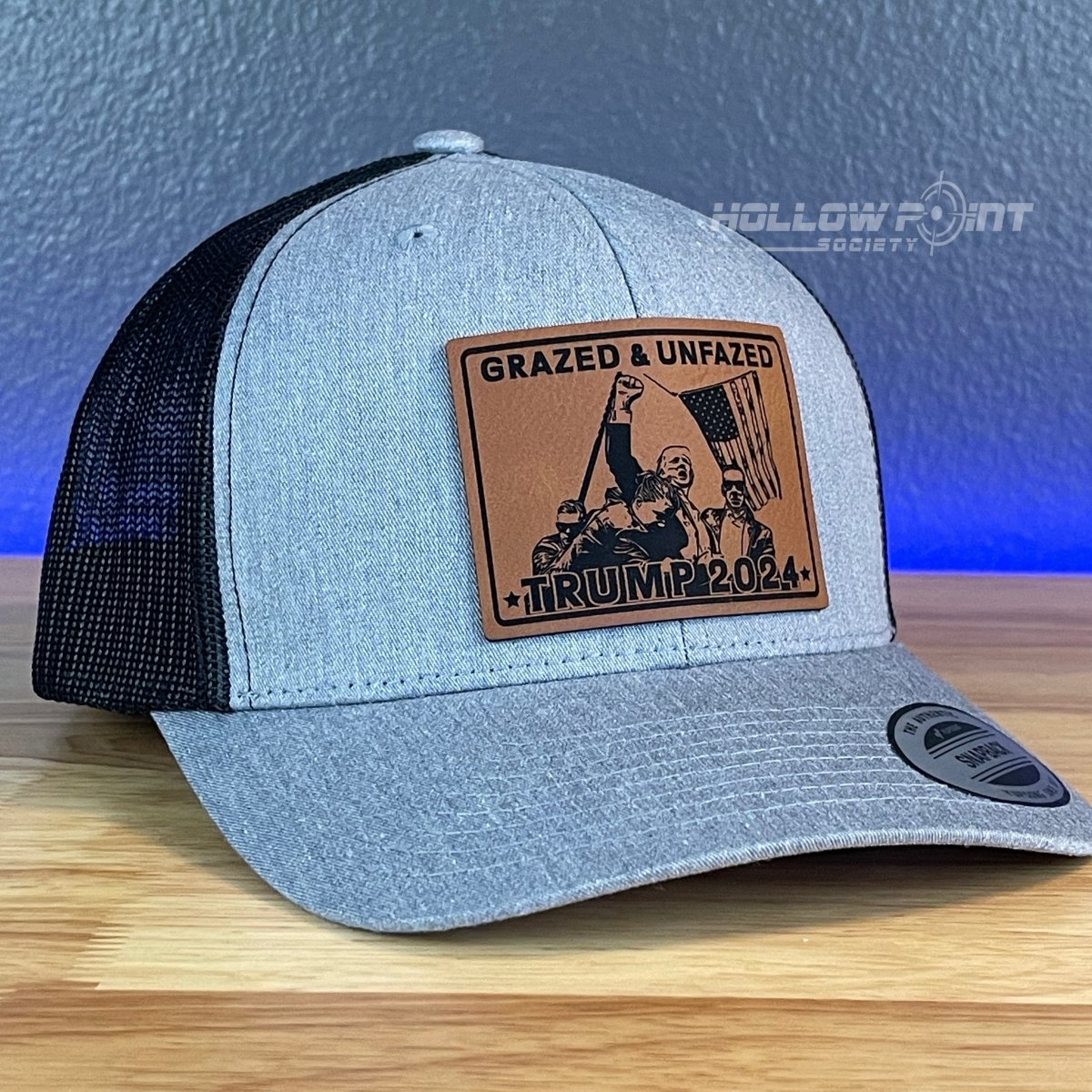 Grazed & Unfazed Trump 2024 SnapBack Trucker Rawhide Leather Patch Hat Patch Hat