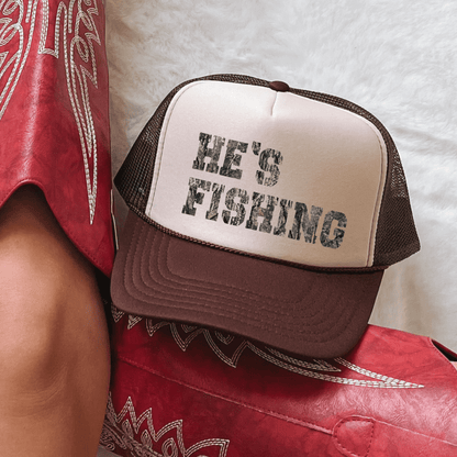 He's Fishing Classic Foam Trucker Hat Tan/Brown Trucker Hat
