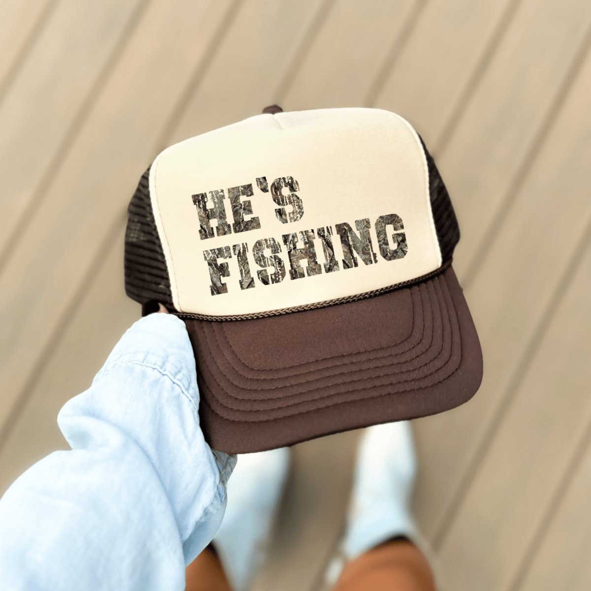He's Fishing Classic Foam Trucker Hat Tan/Brown Trucker Hat