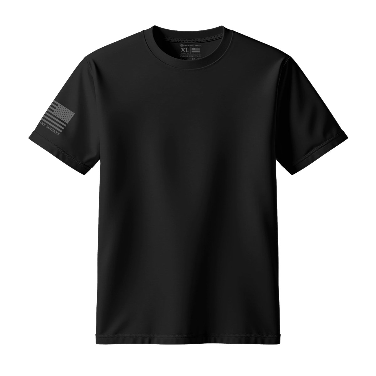 black tshirt with american flag on the sleeve.