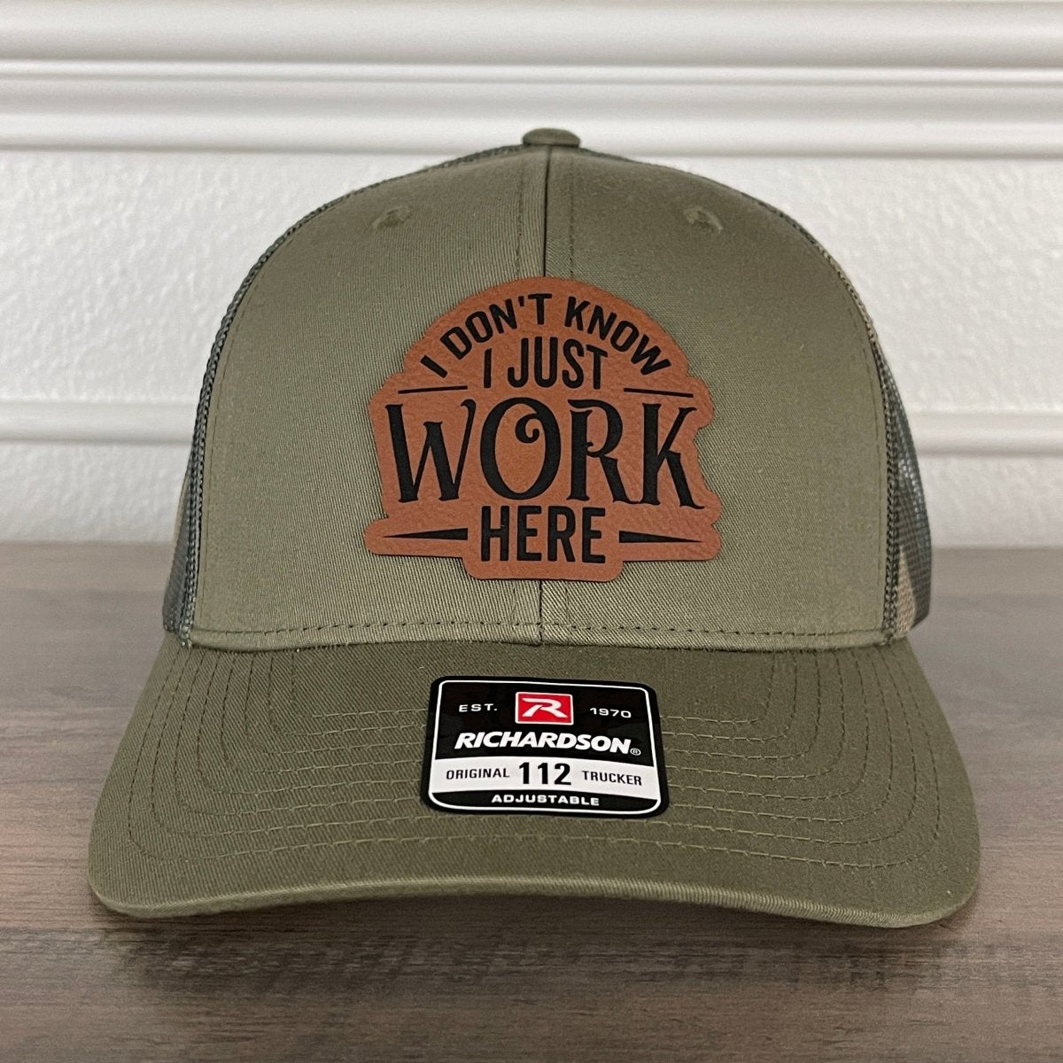 I Don't Know I Just Work Here Funny Leather Patch Hat Green/Camo Patch Hat - VividEditions