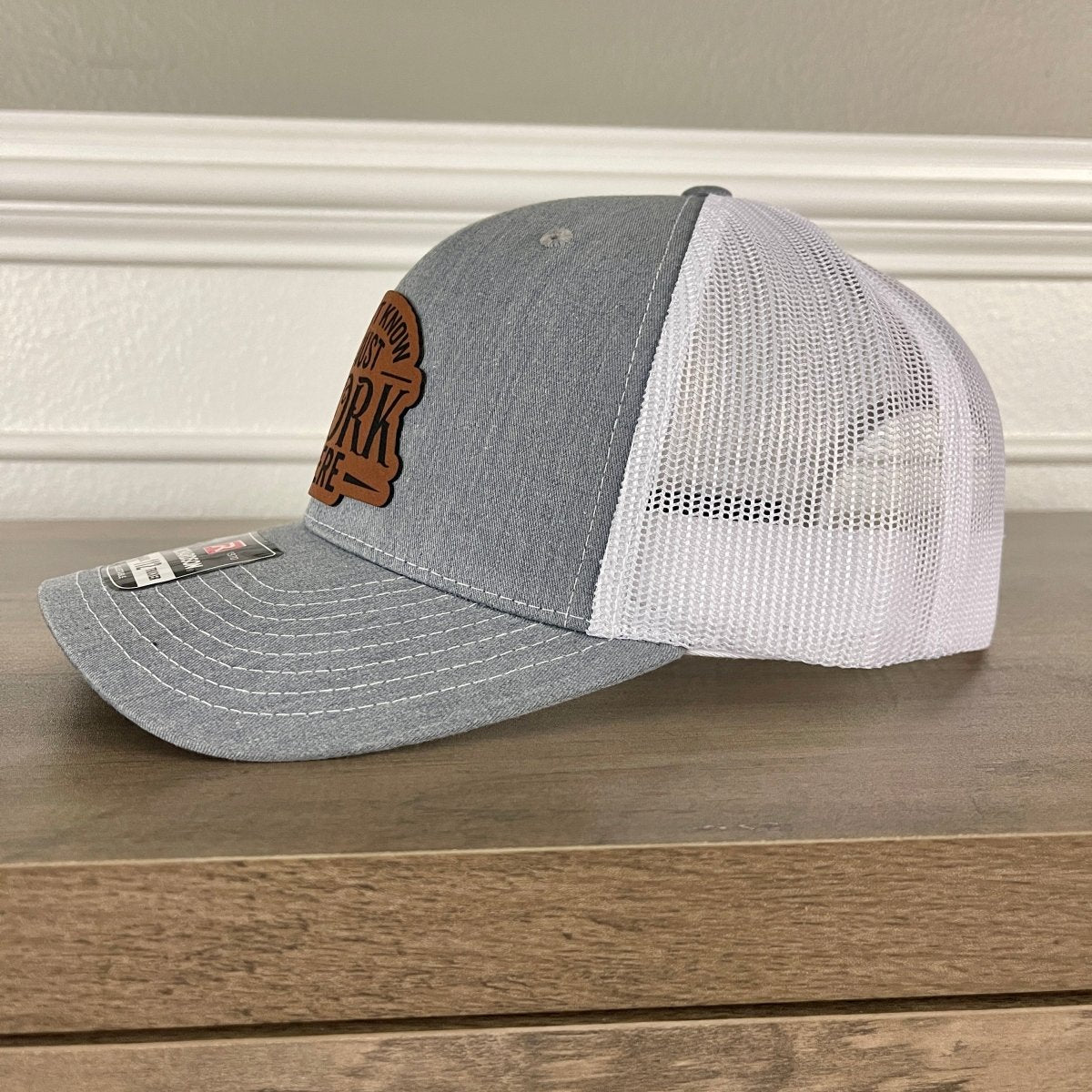 I Don't Know, I Just Work Here Funny Leather Patch Hat Grey/White Patch Hat - VividEditions