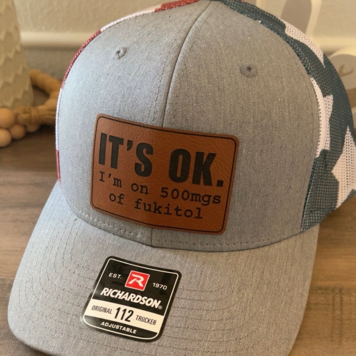 It's Ok I'm On 500mgs of Fukitol Leather Patch Hat Stars & Stripes Patch Hat - VividEditions