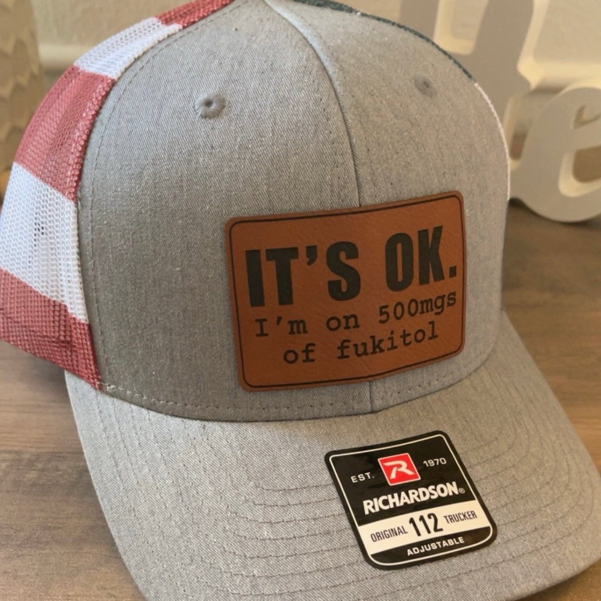 It's Ok I'm On 500mgs of Fukitol Leather Patch Hat Stars & Stripes Patch Hat - VividEditions