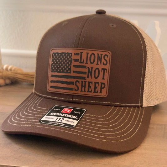 Lions Not Sheep American Flag Leather Patch Hat Brown Patch Hat - VividEditions
