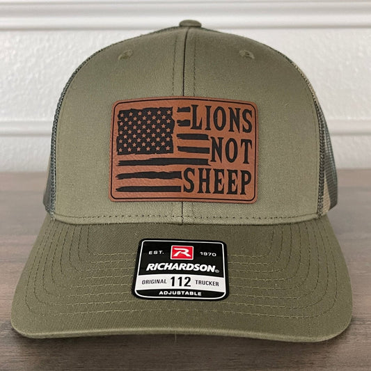Lions Not Sheep American Flag Patriotic Leather Patch Hat Green/Camo Patch Hat - VividEditions