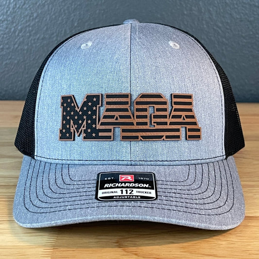MAGA American Flag Patriotic Leather Patch SnapBack Trucker Hat Rawhide Patch Hat
