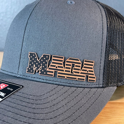 MAGA American Flag Patriotic Side Leather Patch SnapBack Trucker Hat Patch Hat