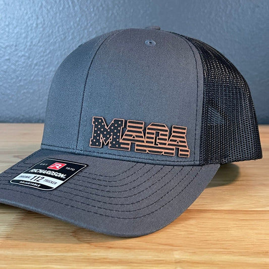 MAGA American Flag Patriotic Side Leather Patch SnapBack Trucker Hat Patch Hat