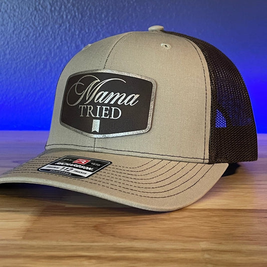 MAMA TRIED Funny Gold + Brown Leather Patch Hat Khaki/Brown Patch Hat - VividEditions