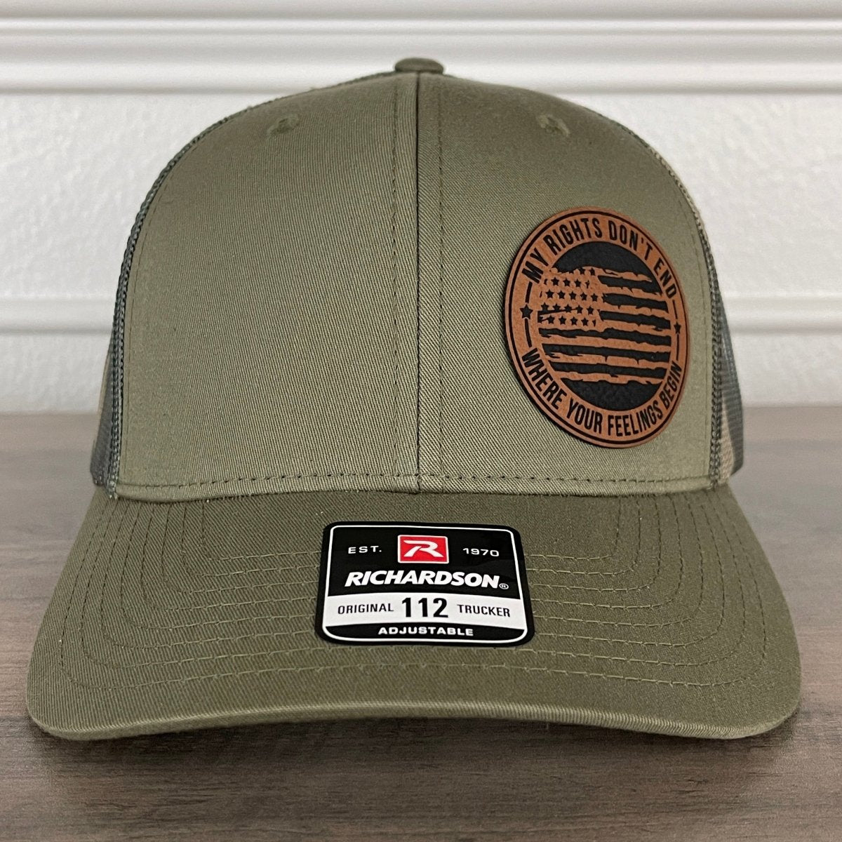 My Rights Don't End Where Your Feelings Begin Flag Patriotic 2A Leather Patch Hat Green/Camo Patch Hat - VividEditions