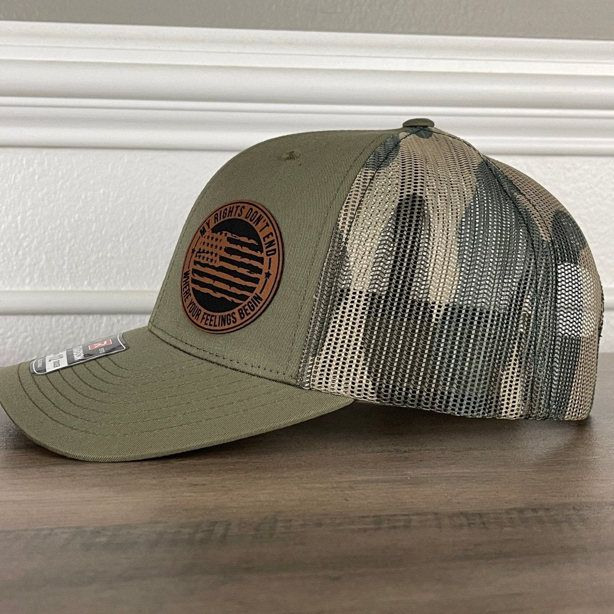 My Rights Don't End Where Your Feelings Begin Flag Patriotic 2A Leather Patch Hat Green/Camo Patch Hat - VividEditions