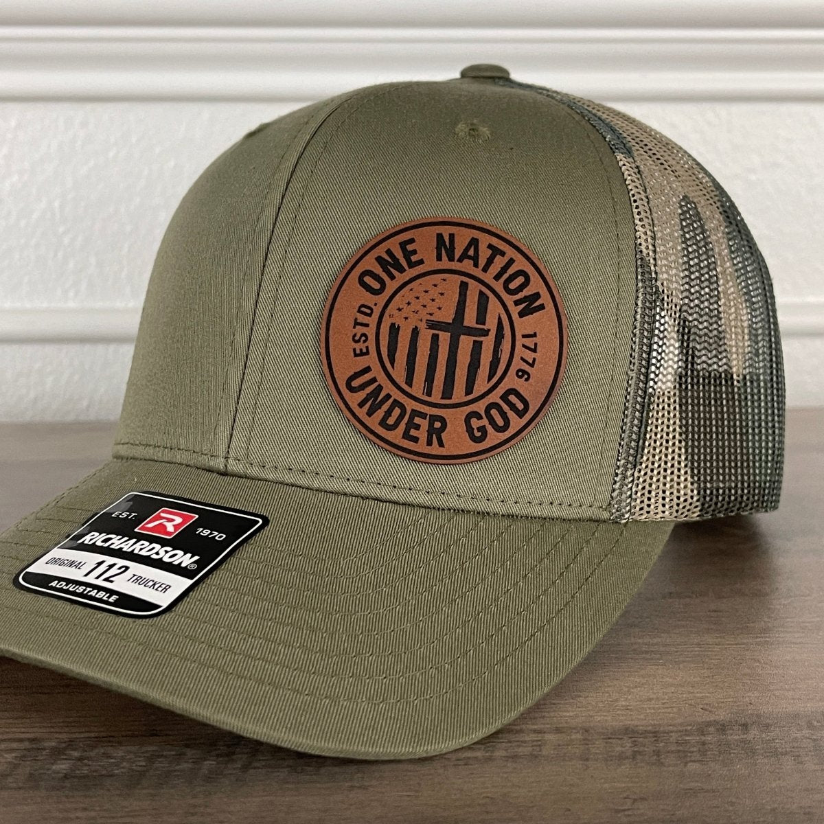 One Nation Under God Flag Cross Patriotic Leather Patch Hat Green/Camo Patch Hat - VividEditions