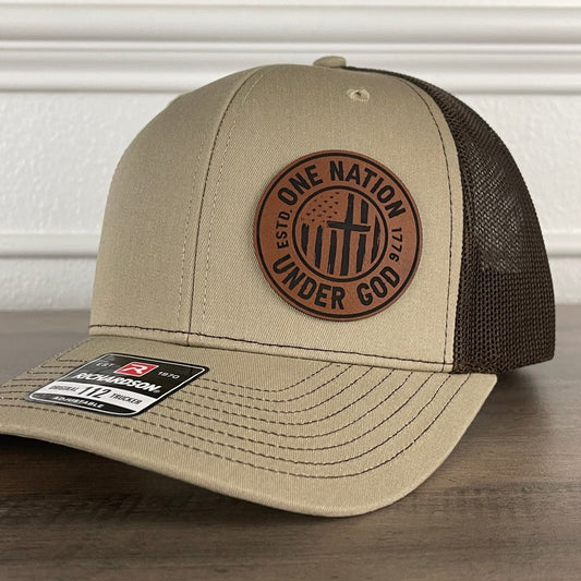 One Nation Under God Flag Patriotic Leather Patch Hat Khaki/Brown Patch Hat - VividEditions