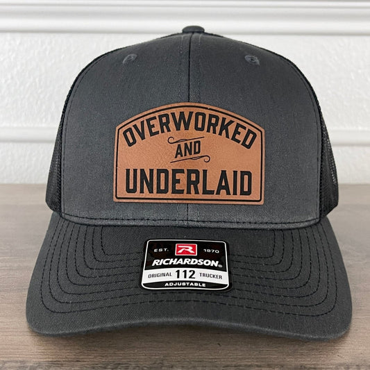 Overworked And Underlaid Funny Leather Patch Hat Charcoal/Black Patch Hat - VividEditions