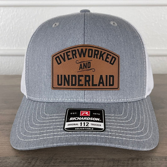 Overworked And Underlaid Funny Leather Patch Hat Grey/White Patch Hat - VividEditions