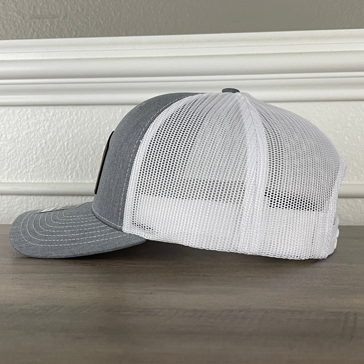 Overworked And Underlaid Funny Leather Patch Hat Grey/White Patch Hat - VividEditions