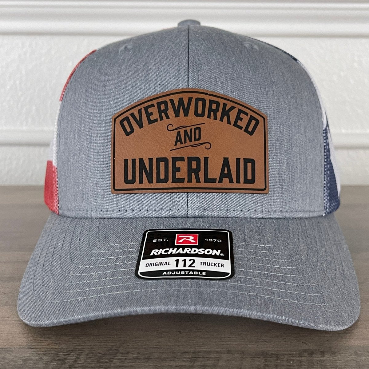 Overworked And Underlaid Funny Leather Patch Hat Stars & Stripes Patch Hat - VividEditions