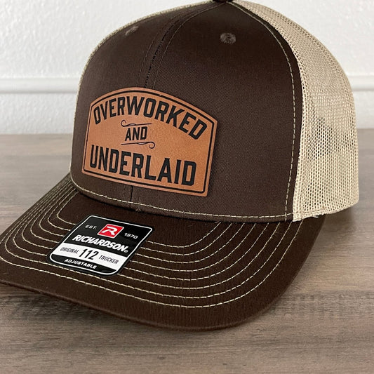 Overworked And Underlaid Funny Trucker Leather Patch Hat Patch Hat - VividEditions