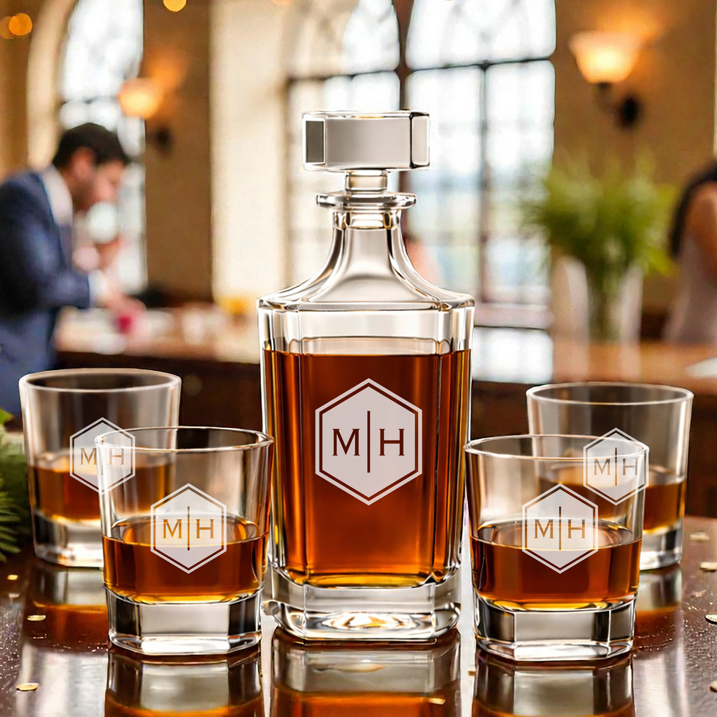 Personalized Engraved Monogram Whiskey Decanter Set with 4 Rocks Glasses